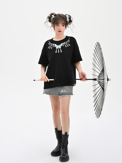 Black Round Butterfly Embroidery Cheongsam Style T-Shirt Neck