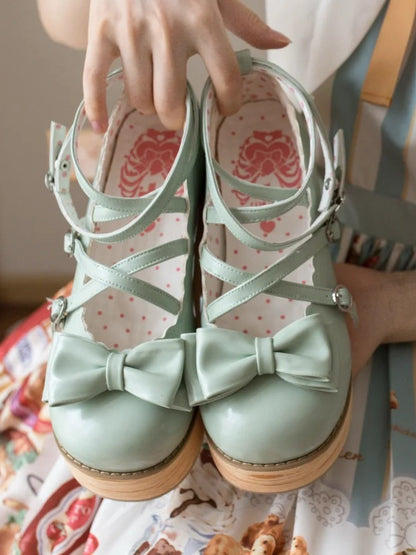 Platforms Sweet Heels Bow Middle Crisscross PU Grass Top - at Lolita Round Toe Design Green