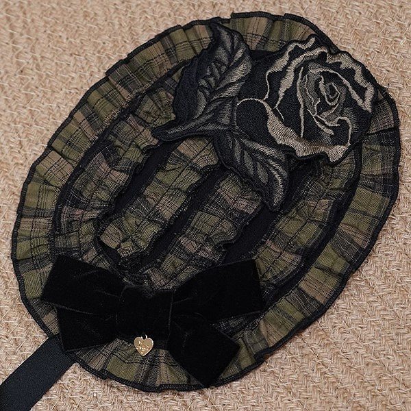 Ruffled with Green/Red Accent Hairband and Embroidery Lolita Black Plaid Bow Rose