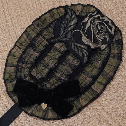 Ruffled with Green/Red Accent Hairband and Embroidery Lolita Black Plaid Bow Rose