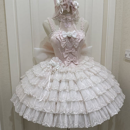 Mehrlagiges Lolita-Ballettkleid mit herzförmigem Prinzessinnen-Saum und rosa Ausschnitt und Rüschen