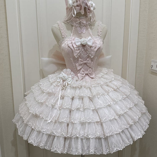 Mehrlagiges Lolita-Ballettkleid mit herzförmigem Prinzessinnen-Saum und rosa Ausschnitt und Rüschen