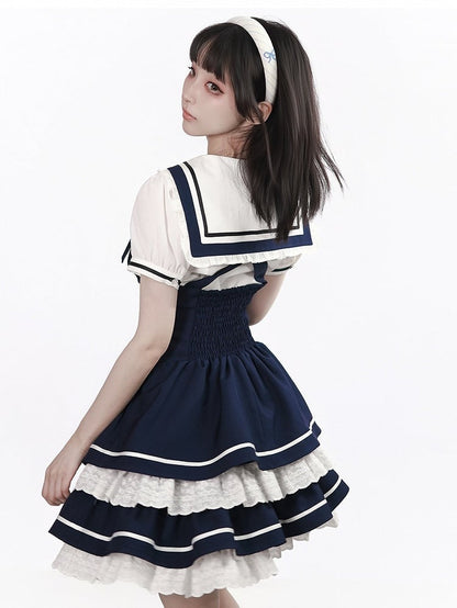 White Sailor Collar Puff Sleeve Blouse with Bow - PINK SAVIOR