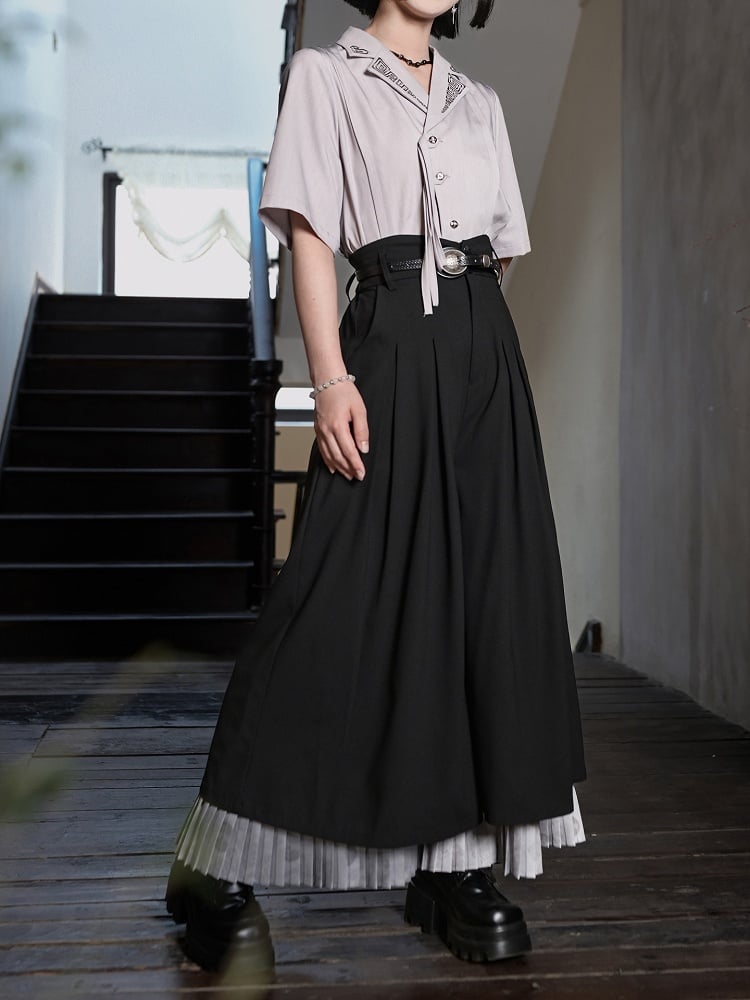 Black Pants with Regular/Thicken Cheongsam Gothic Hem Pleated Gray Wide-Leg