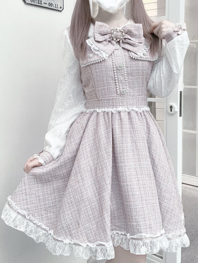 Pink Beadwork Detailed Tweed Dusty Jirai - Kei Dress