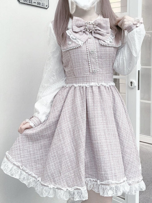 Pink Beadwork Detailed Tweed Dusty Jirai - Kei Dress