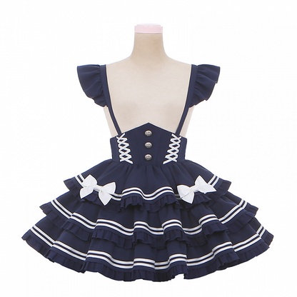 Lolita Dress Accents Tiered Skirt Sweet Flutter Sleeves Bow Overalls Blue Navy