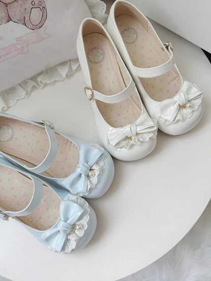 Bead - White Sweet Mid-heel Shoes -Toe Round Bow Lolita Mary Charm on Jane Top