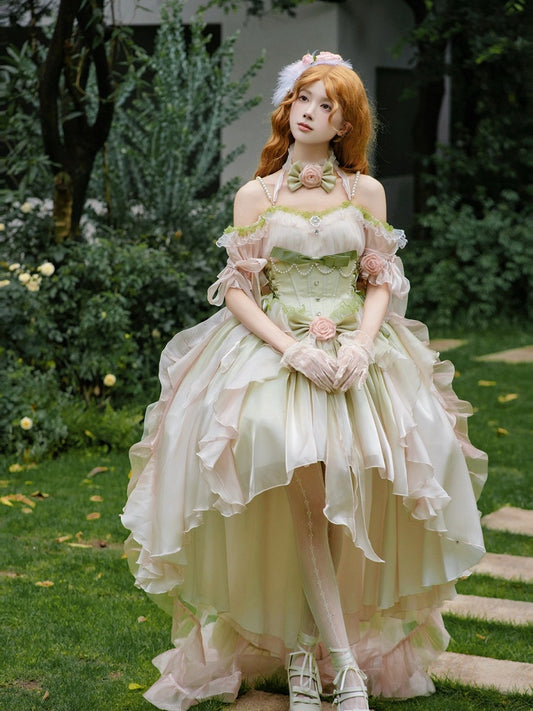 Neckline High-low PinkGreen with Dress Bodice Gradient Color Lolita Off-the-shoulder Boned