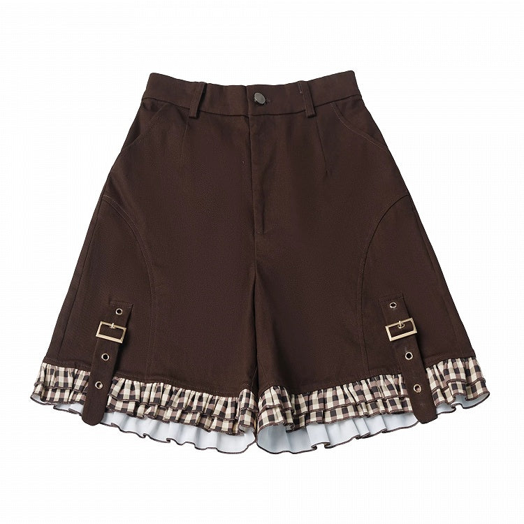 Kawaii Coffee Shorts with Plaid Ruffle Hem Details - PINK SAVIOR