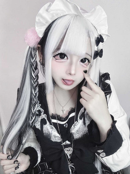 ハイライトホワイトブラック長さゴシックストレートと姫ウィッグ前髪付き80CMエアカット