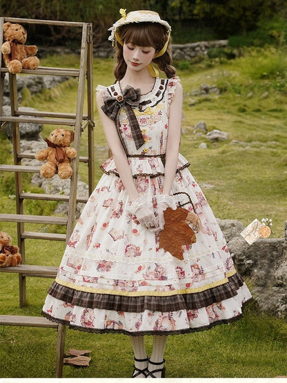 Cat and Maple Floral Print Jumper Skirt with Ruffle Trim - Lineall Cat