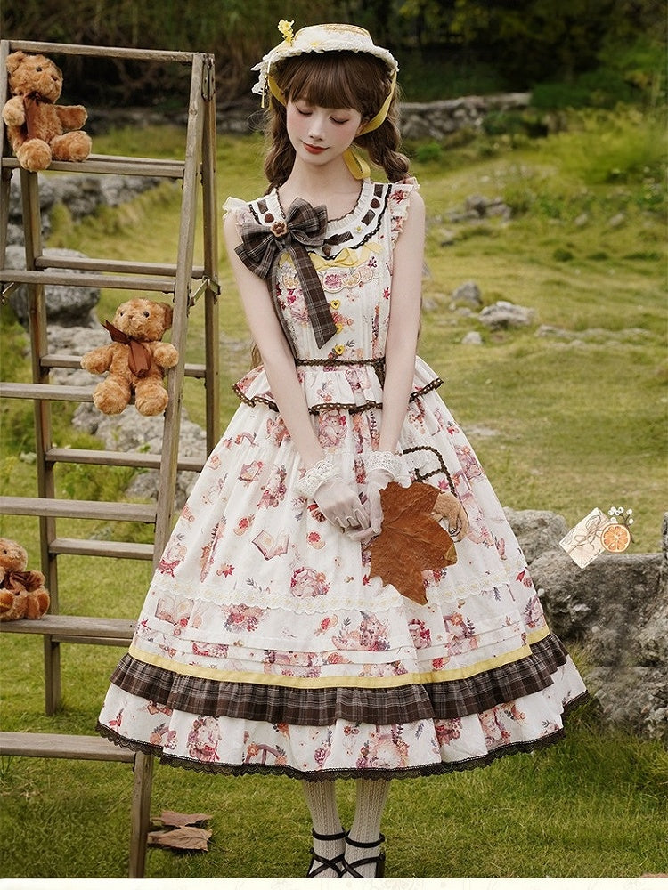 Sweet Lolita Jumper Dress with Cat and Maple Print, Ruffle Trim, and Bows - Lineall Cat