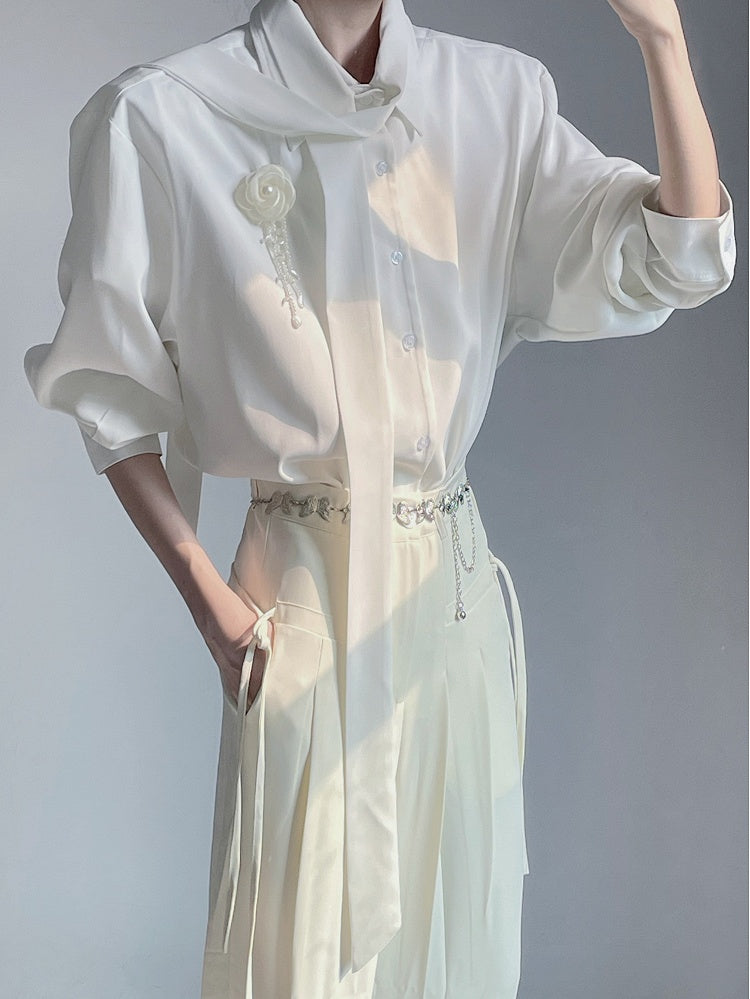 White and Shirt Chiffon Ribbon Brooch Rose with Design