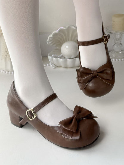 Design with Fastener Mid-heel - Decorative Bow Kitty Toe Shoes Round Lolita Brown 4.5cm PU Sweet in
