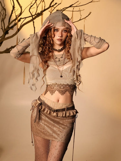 Distressed Brown Cami Top with Lace Edging - Virtual Orbit