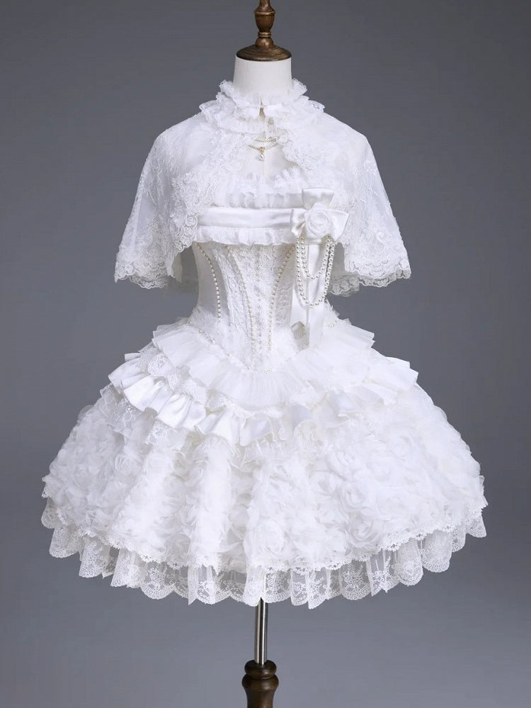 White Hime Lolita Elegant JSK Set with Cape and Overlay - Airfreeing