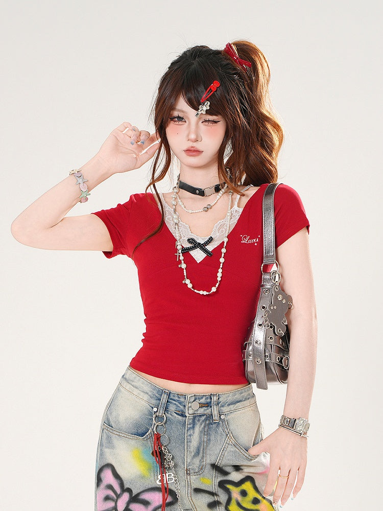 Slim-fitting Black/Red Design Lace Faux T-shirt Two-pieces Camisole