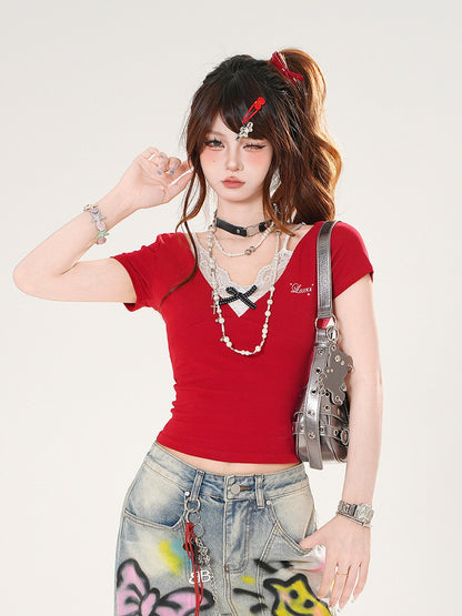 Slim-fitting Black/Red Design Lace Faux T-shirt Two-pieces Camisole