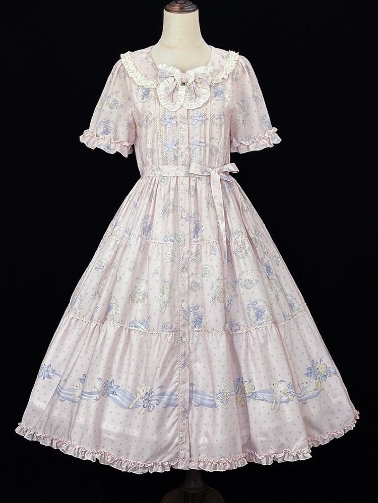 Lavender Floral Lamb Print Casual Dress - Miss Point
