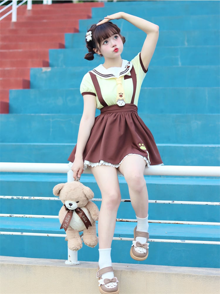 Brown Paw Embroidery Lace Trim Overall Skirt