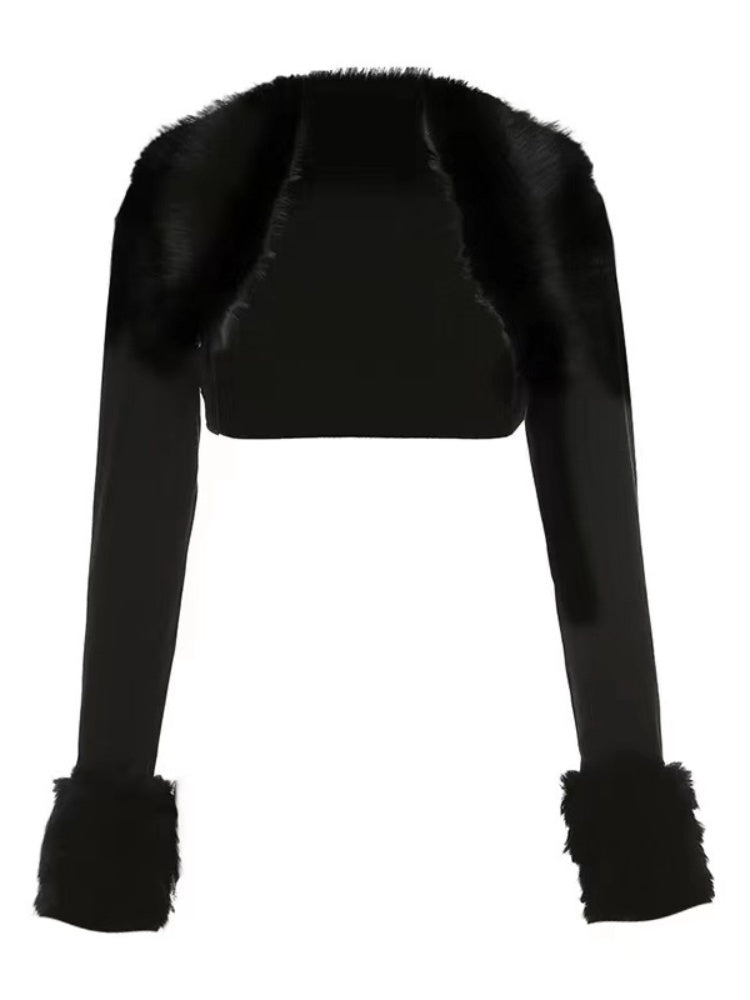 Black Detachable Faux Fur Collar and Cuffs Shawl