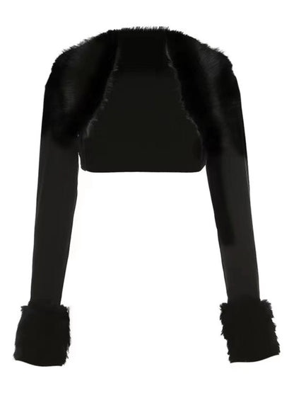 Black Detachable Faux Fur Collar and Cuffs Shawl