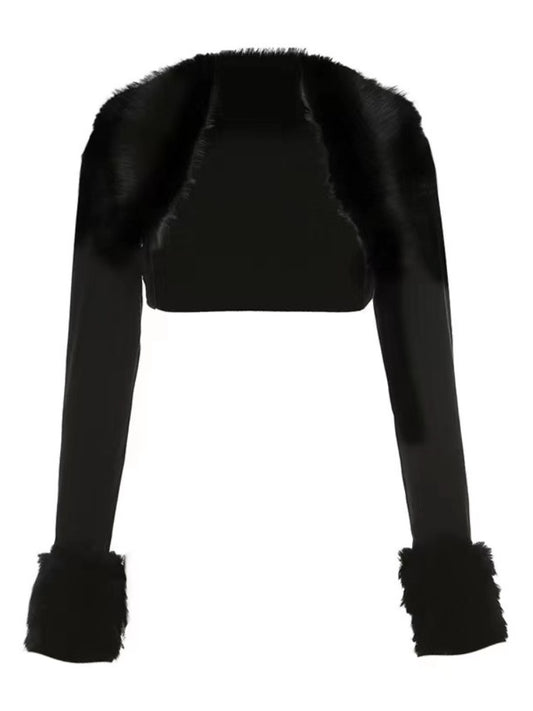 Black Detachable Faux Fur Collar and Cuffs Shawl