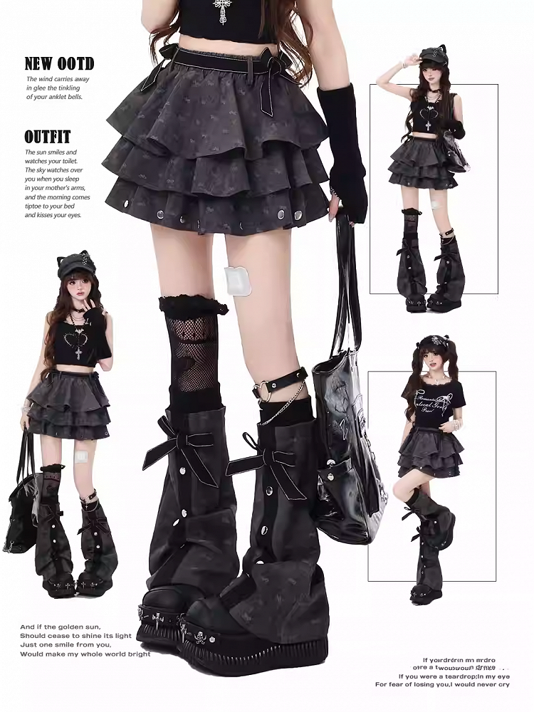 Dark Leg Details Tiered Skirt Flared with Free Warmers Gray Bowknot