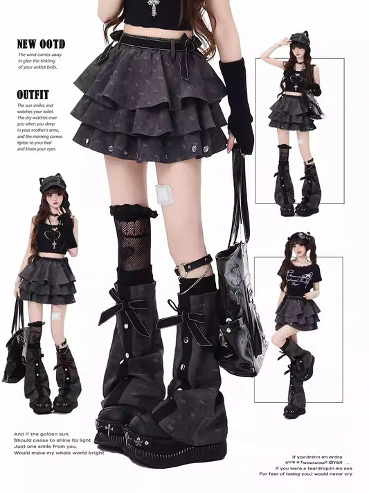 ディテール付きレッグティアードスカートグレーの蝶結びフリーダークフレア