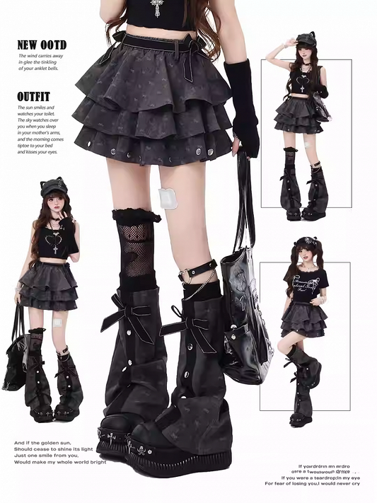 with Leg Details Tiered Skirt Warmers Flared Free Gray Bowknot Dark