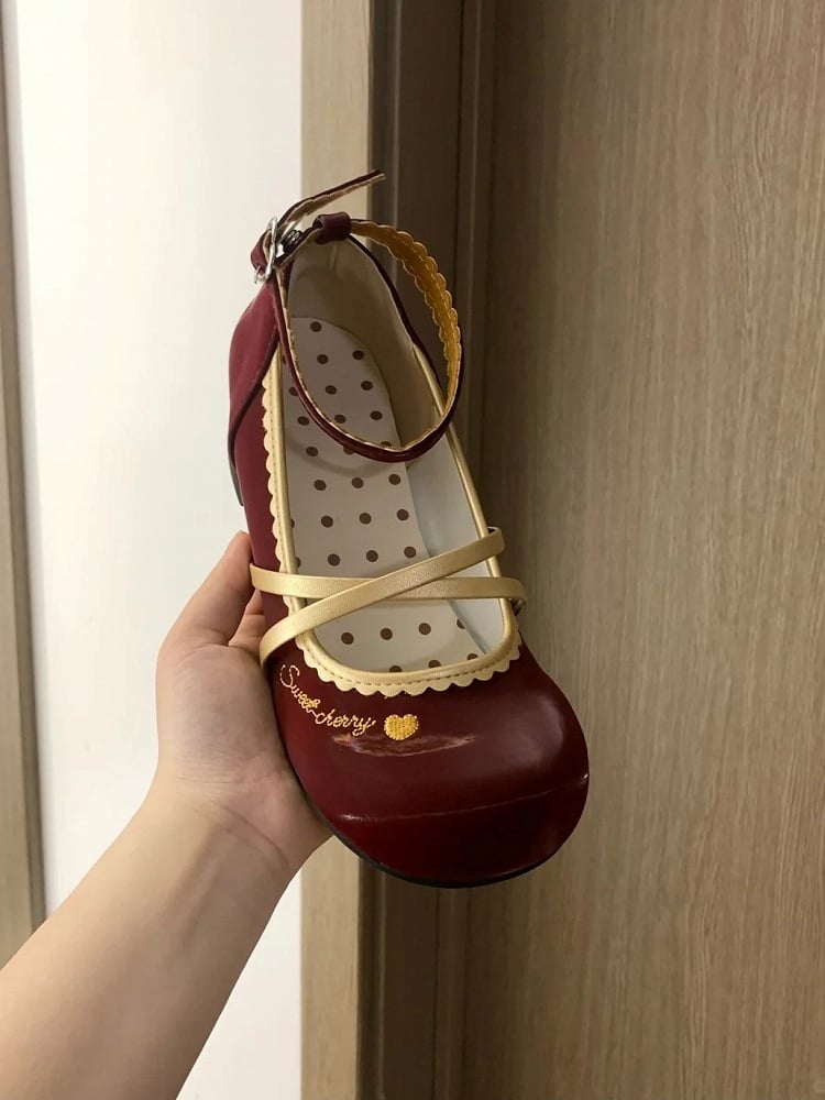 Wine Lolita Low-heel with Mary Bow Janes Hem Scalloped Accents Sweet Red