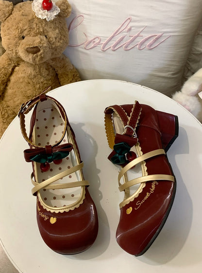 Wine Lolita Low-heel with Mary Bow Janes Hem Scalloped Accents Sweet Red