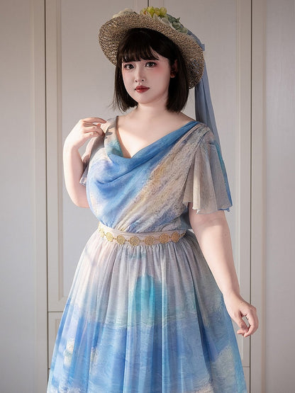 Blue Ocean Oil Painting Print Butterfly Sleeves Elegant Lolita Maxi Dress with Cowl Neckline