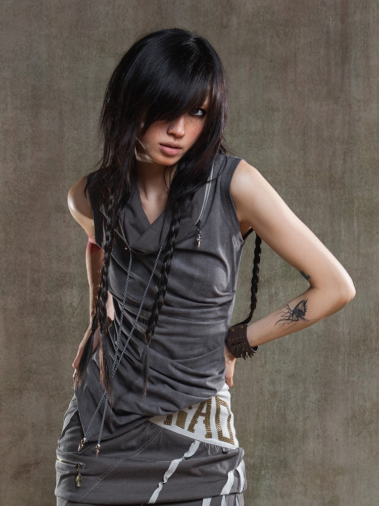Cross Zipper Drawstring Gray Vest Asymmetrical Punk Neckline Charms with Dark