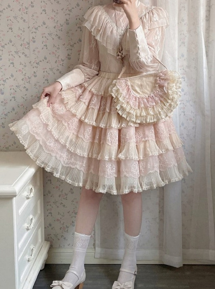 Tulle Details Skirt Beige Elegant Flower Embroidery with Pink Lolita Multi-Layered