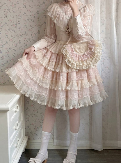 Tulle Details Skirt Beige Elegant Flower Embroidery with Pink Lolita Multi-Layered