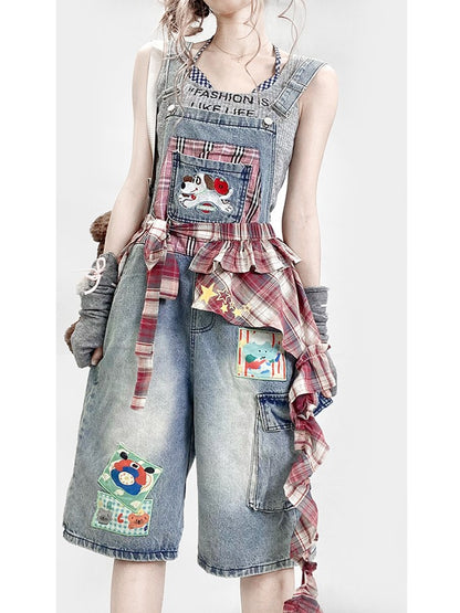 ポケットジーンズ パピー 夏ウエスト キュートアクセサリー チェック柄オーバーオール