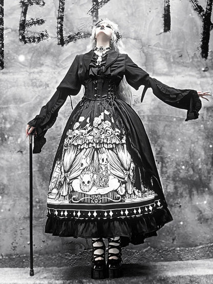 Dark + Set Black - Belt Full Plus Sleeves Shirt Lolita Available Skirt Corset Sizes Gothic Long