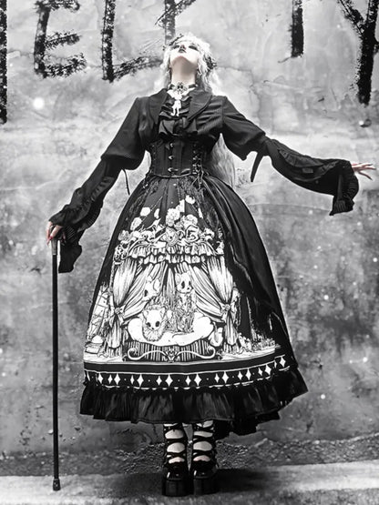 Ärmel Dunkler Gürtel Verfügbar Schwarzes Korsett Gothic Plus Set Lang - Voller Lolita Rock Größen Shirt +