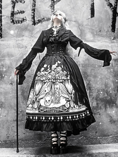Sizes Cat Dark Plus Skeleton Black Lolita Available Skirt Print Gothic