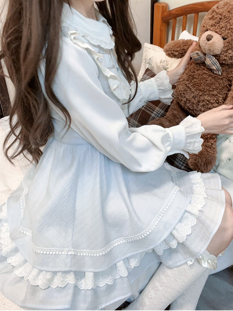 Tenshi Kaiwai Blaues Jirai-Kei-Kleid mit Peter-Pan-Kragen und gerüschtem Spitzenbesatz