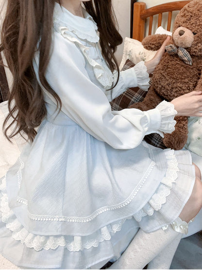 Tenshi Kaiwai Blaues Jirai-Kei-Kleid mit Peter-Pan-Kragen und gerüschtem Spitzenbesatz