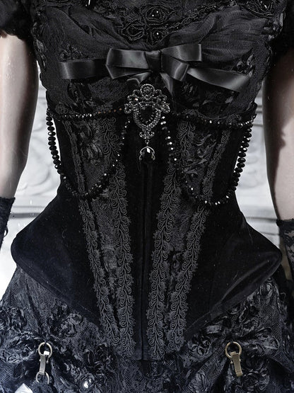 Patch Black Boning Corset Bassire-Inspired Goth Velvet with Lace