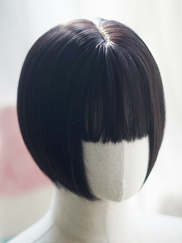 Milk White and Light Blonde and Black Bob Cut Short Straight Wig With Full Bangs