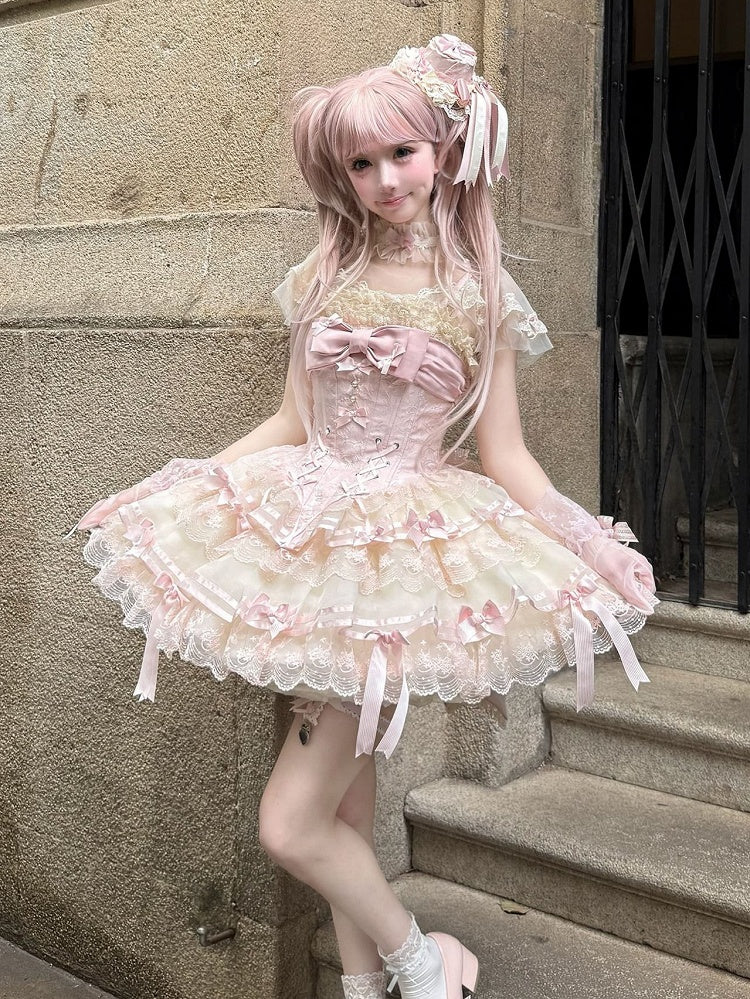 Schulter Dünne Jumper Entbeint Lolita Korsett Apricot Rosa Kleid Riemen Rock und