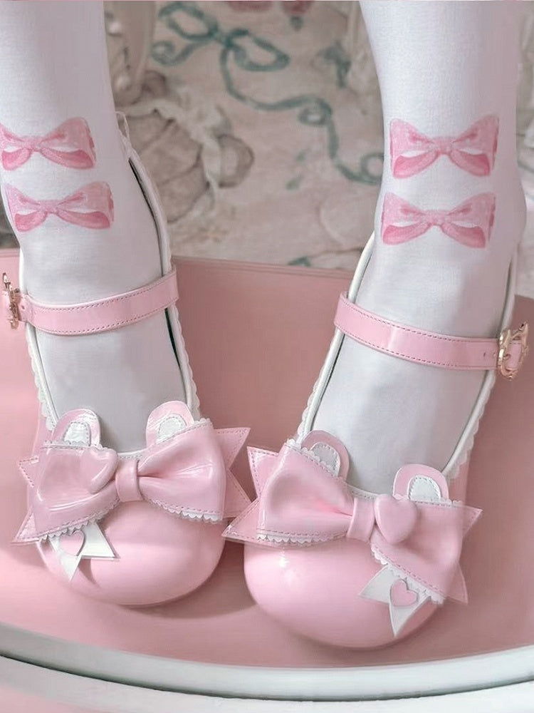 in Bear Closure Lolita Pink Ear Low-heel with PU Top Mary Bow Sweet Teddy Janes