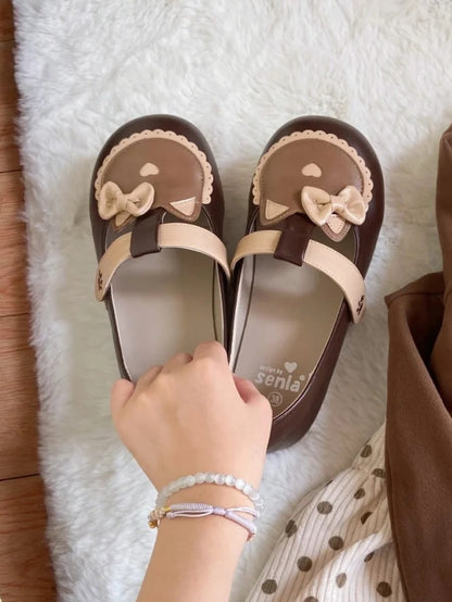 PU Kitty Sweet Closures - Flats Scalloped Hem Brown Velcro at Top Embroidery Cat Paw Strap