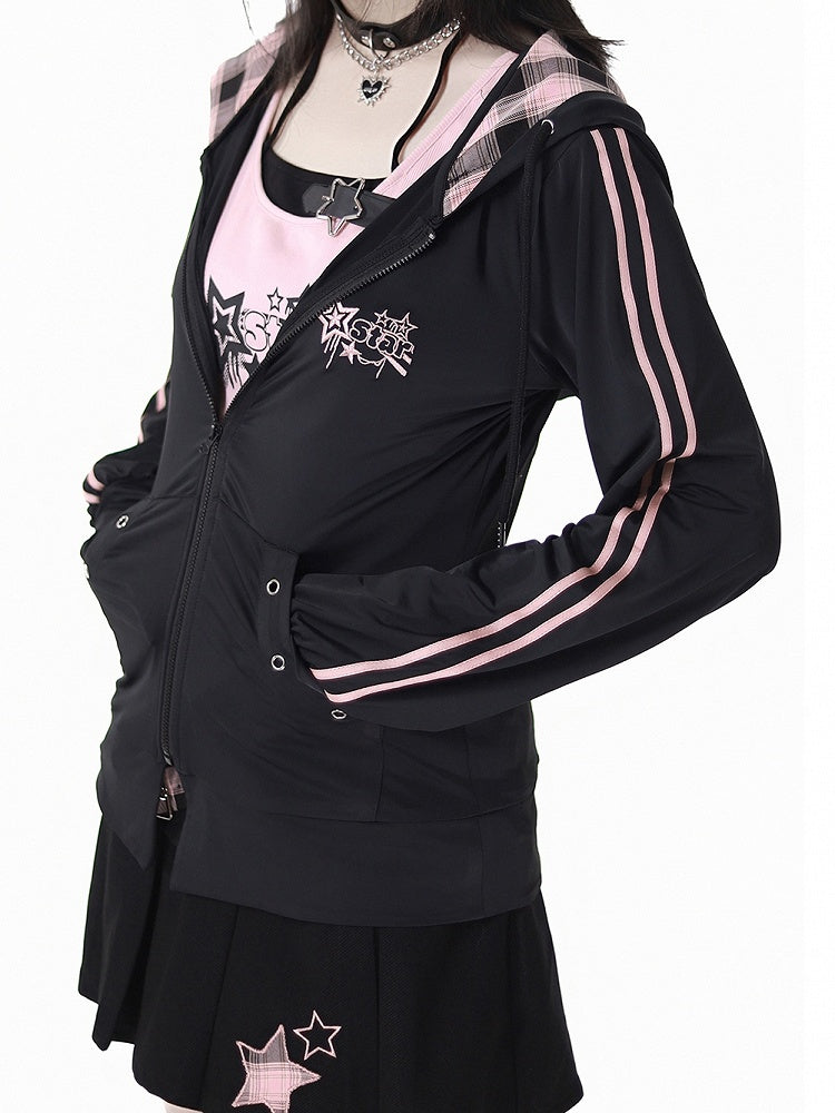 Pink Plaid Hood Black Star Embroidery Sun Protection Jacket