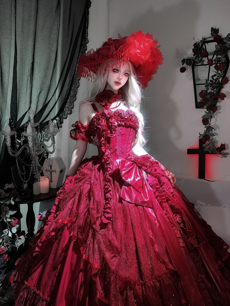 Hanayome Taillenstäbchen Bodenkorsett Länge Kleid Hime Kleid Rot Ball Lolita